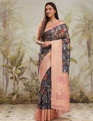 Navy blue printed silk blend ethnic saree with blouse piece 1