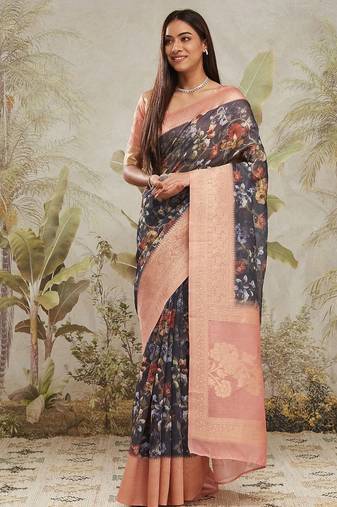 Navy blue printed silk blend ethnic saree with blouse piece