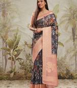 Navy blue printed silk blend ethnic saree with blouse piece