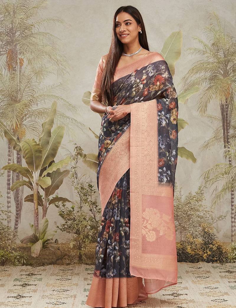 Navy blue printed silk blend ethnic saree with blouse piece