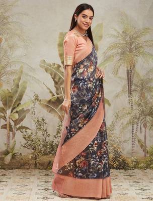 Navy blue printed silk blend ethnic saree with blouse piece 2