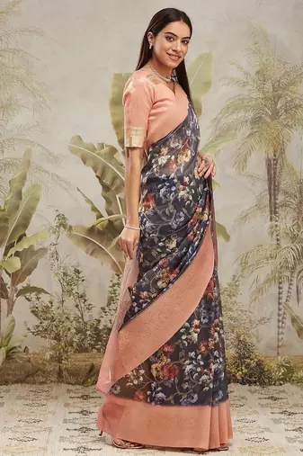 Navy blue printed silk blend ethnic saree with blouse piece