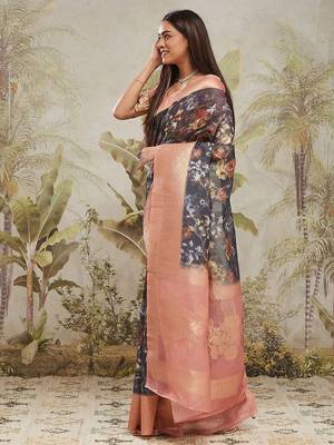 Navy blue printed silk blend ethnic saree with blouse piece 3