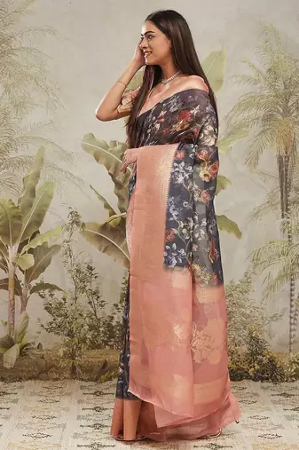 Navy blue printed silk blend ethnic saree with blouse piece