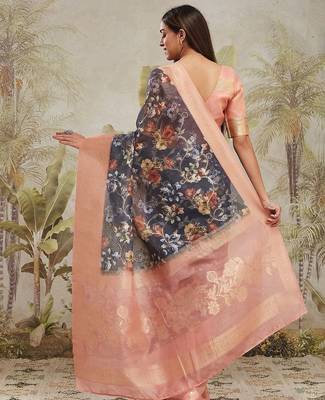 Navy blue printed silk blend ethnic saree with blouse piece 4