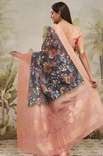Navy blue printed silk blend ethnic saree with blouse piece