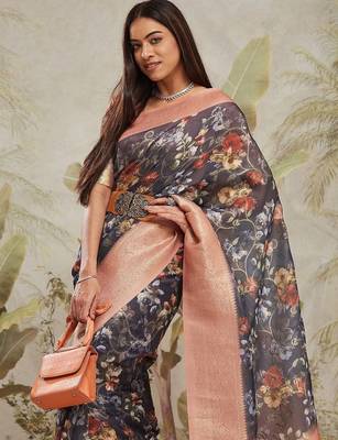 Navy blue printed silk blend ethnic saree with blouse piece 5