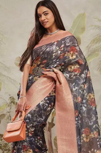 Navy blue printed silk blend ethnic saree with blouse piece