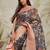 Navy blue printed silk blend ethnic saree with blouse piece
