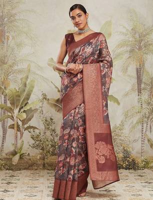 Maroon printed silk blend ethnic saree with blouse piece 1