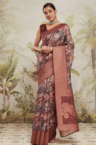 Maroon printed silk blend ethnic saree with blouse piece