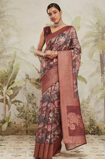 Maroon printed silk blend ethnic saree with blouse piece