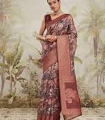 Maroon printed silk blend ethnic saree with blouse piece