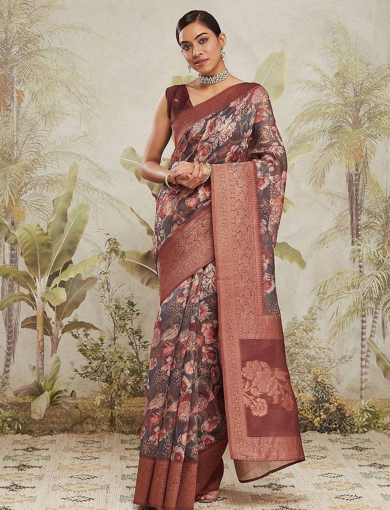 Maroon printed silk blend ethnic saree with blouse piece
