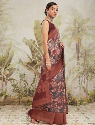 Maroon printed silk blend ethnic saree with blouse piece 2