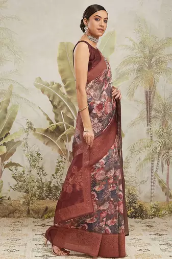 Maroon printed silk blend ethnic saree with blouse piece