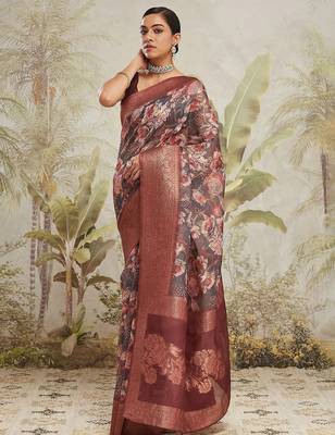 Maroon printed silk blend ethnic saree with blouse piece 3