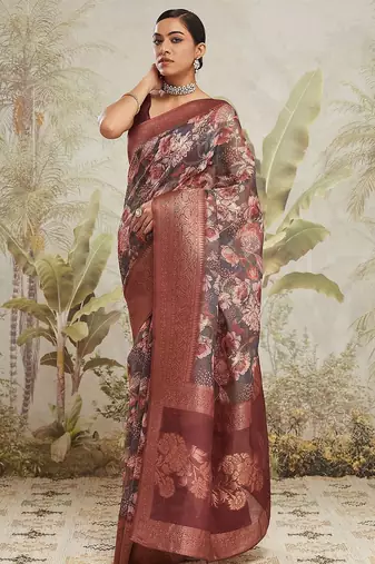 Maroon printed silk blend ethnic saree with blouse piece