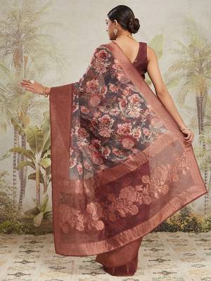 Maroon printed silk blend ethnic saree with blouse piece 4