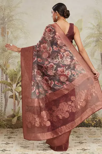 Maroon printed silk blend ethnic saree with blouse piece