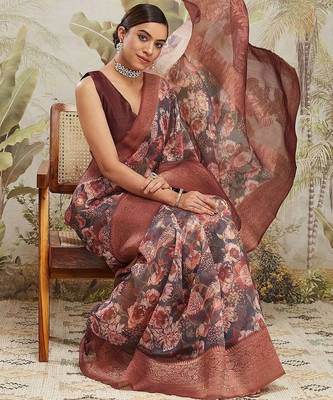 Maroon printed silk blend ethnic saree with blouse piece 5