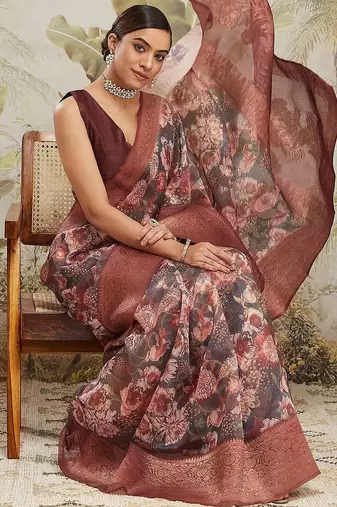 Maroon printed silk blend ethnic saree with blouse piece