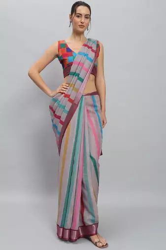 Grey printed blended cotton designer saree with blouse piece