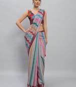 Grey printed blended cotton designer saree with blouse piece