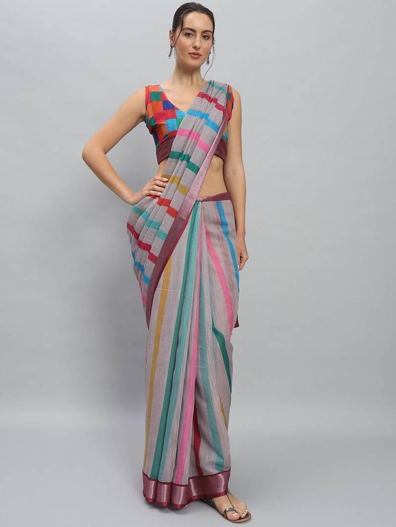 Grey printed blended cotton designer saree with blouse piece