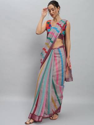 Grey printed blended cotton designer saree with blouse piece 2