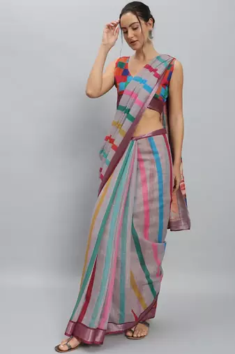 Grey printed blended cotton designer saree with blouse piece