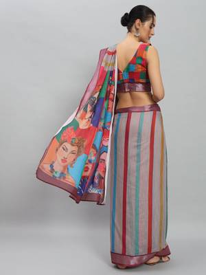 Grey printed blended cotton designer saree with blouse piece 3