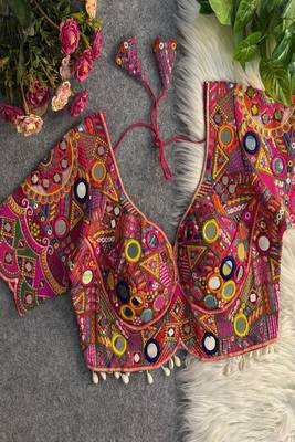 Women's hot pink mirror work navratri blouse | heavy gamthi embroidered italian silk choli 1