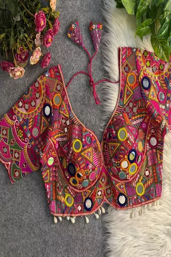 Women's hot pink mirror work navratri blouse | heavy gamthi embroidered italian silk choli