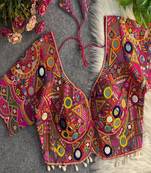 Women's hot pink mirror work navratri blouse | heavy gamthi embroidered italian silk choli
