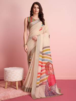 Cream printed linen casual saree with blouse piece 1