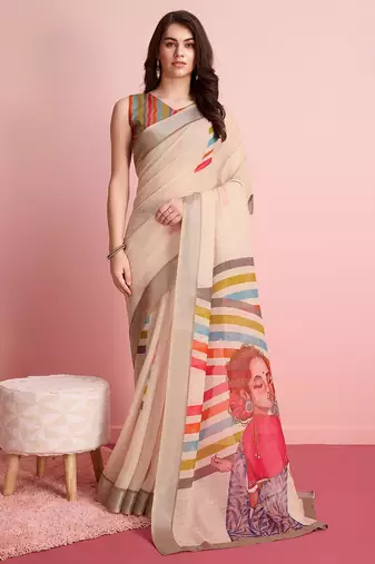 Cream printed linen casual saree with blouse piece
