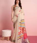 Cream printed linen casual saree with blouse piece