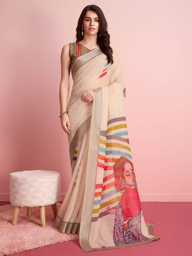 Cream printed linen casual saree with blouse piece