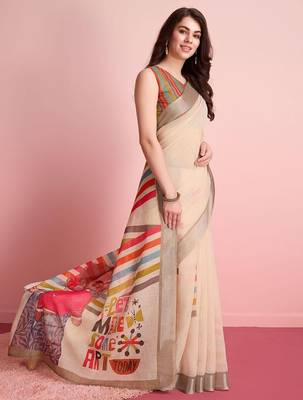 Cream printed linen casual saree with blouse piece 2