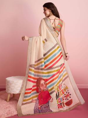 Cream printed linen casual saree with blouse piece 3