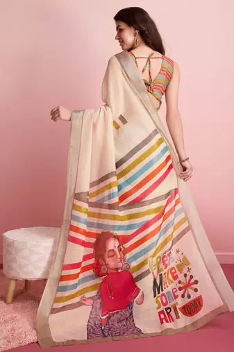 Cream printed linen casual saree with blouse piece