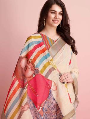 Cream printed linen casual saree with blouse piece 4