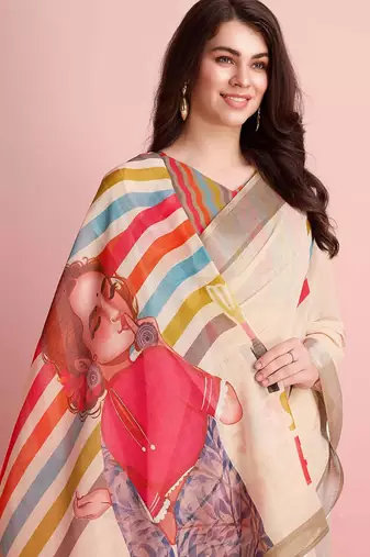 Cream printed linen casual saree with blouse piece