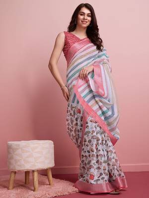 Blue printed linen casual saree with blouse piece 1