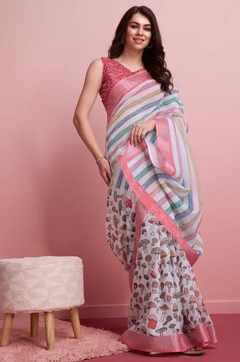 Blue printed linen casual saree with blouse piece