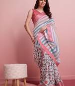Blue printed linen casual saree with blouse piece