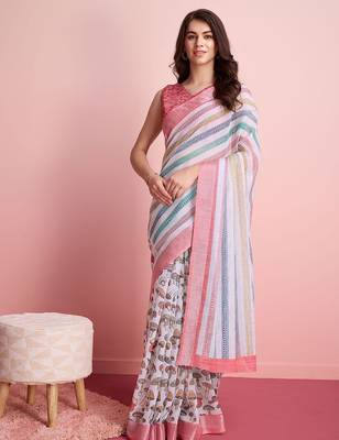 Blue printed linen casual saree with blouse piece 2