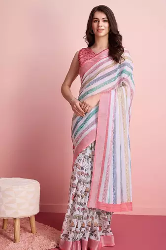 Blue printed linen casual saree with blouse piece