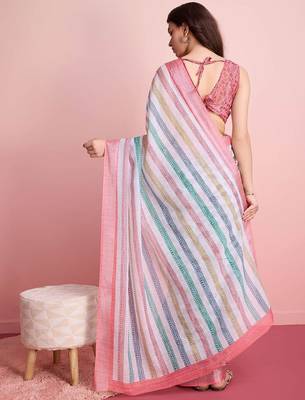 Blue printed linen casual saree with blouse piece 3